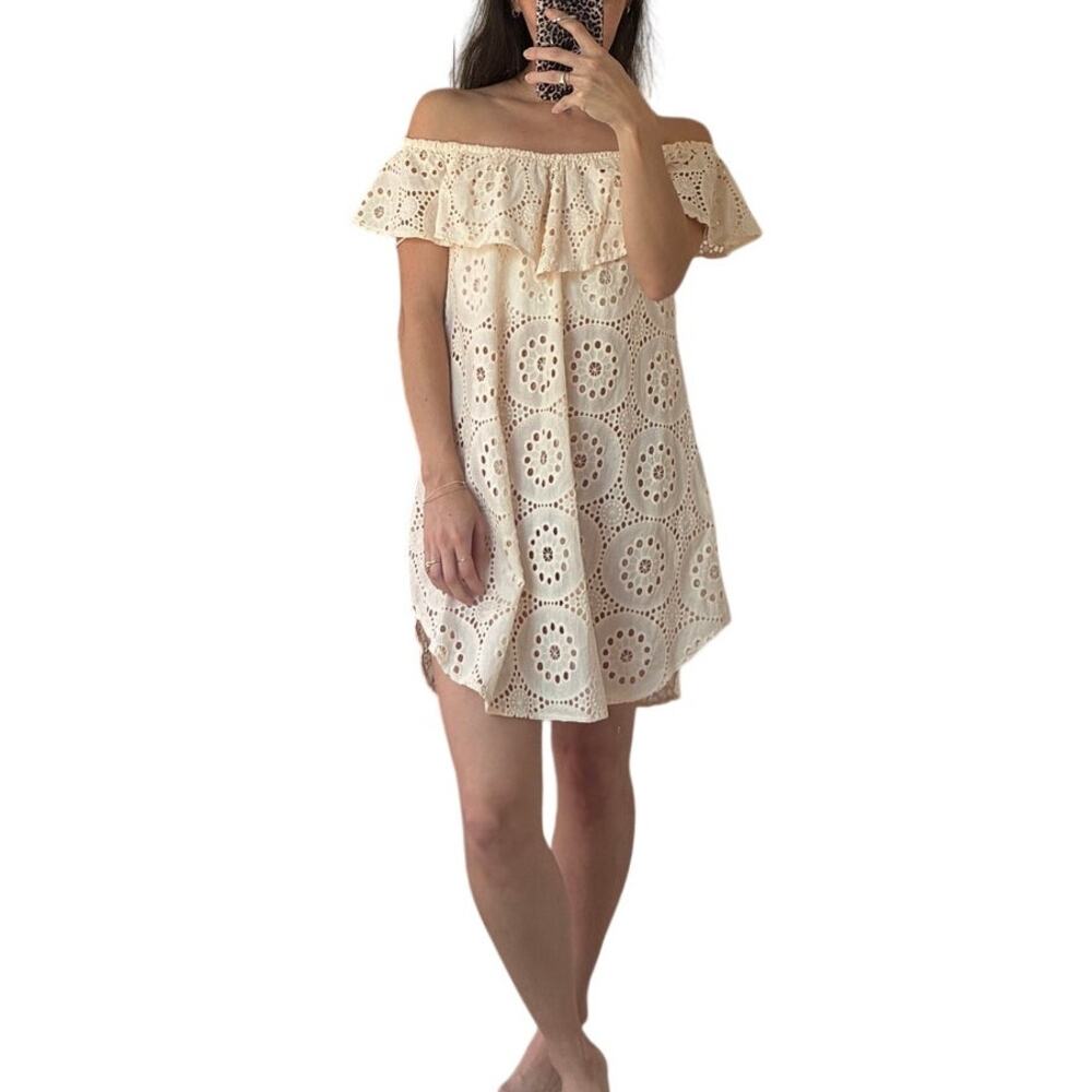 Anthropologie Maeve Danika Cream Eyelet Flounce Summer Mini Dress Cover Up Sz XS